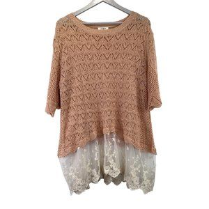 Umgee Women Top Short Sleeve Size S Lace Crochet Peach White Floral